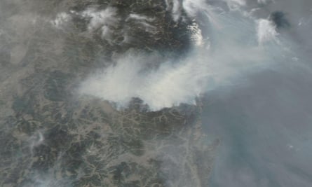 A satellite image showing smoke from fires burning in South Korea’s Uiseong county