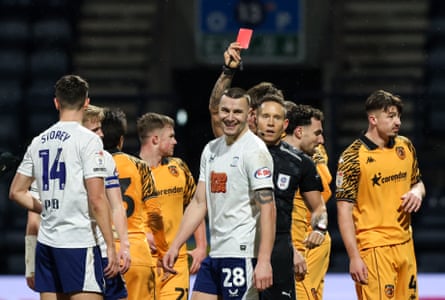 Milutin Osmajic is shown a red card during Preston’s defeat against Hull