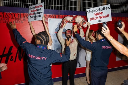 three activists hold signs and a replica of a dead sheep as security guards try to remove them