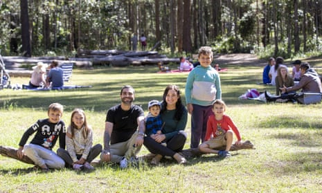 Family Lucas Trad, Sophia Lees, Steven Trad, Archie Tradd, Stephanie Hoppe, Joseph and Mason Trad at Daisy Hill forest in Brisbane, on Saturday.