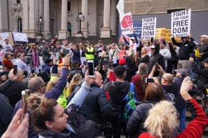 victoria protest restrictions nsw reads staged scaffolding parliament stuck banner outside thank under which lockdown ease happened melbourne wa anti