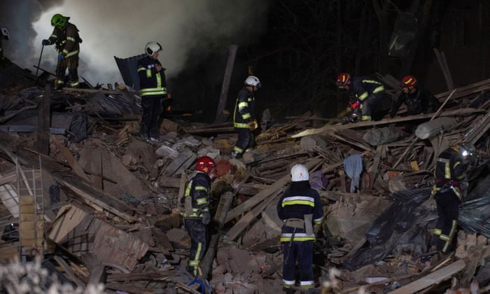 Ukraine’s president, Volodymyr Zelenskiy, said a block of flats was ‘totally destroyed’