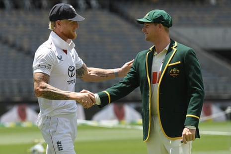 England captain Ben Stokes and Australia skipper Steve Smith shake hands before the Ashes first Test at Perth Stadium