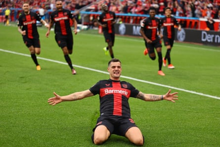Granit Xhaka celebrates scoring Leverkusen’s second goal