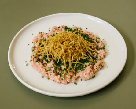 The vitello, tonnato, veal tartare, and shoestring fries, astatine Duchy, London.