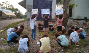 Children from the refugee community on Nauru protest against Australia’s immigration policies.