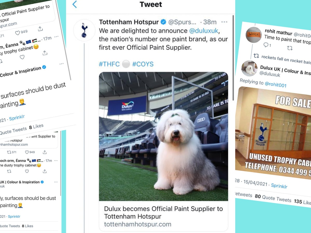 Dulux S Twitter Trolling Of Tottenham Takes Gloss Off Club S New Sponsorship Tottenham Hotspur The Guardian Dulux S Twitter Trolling Of Tottenham Takes Gloss Off Club S New Sponsorship Tottenham Hotspur The Guardian