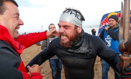 Ross Edgley greets friends and fans on Margate beach after his historic swim