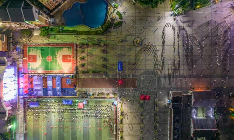 Aerial view of villagers queuing up for nucleic acid testing at Futian District in Shenzhen, Guangdong Province