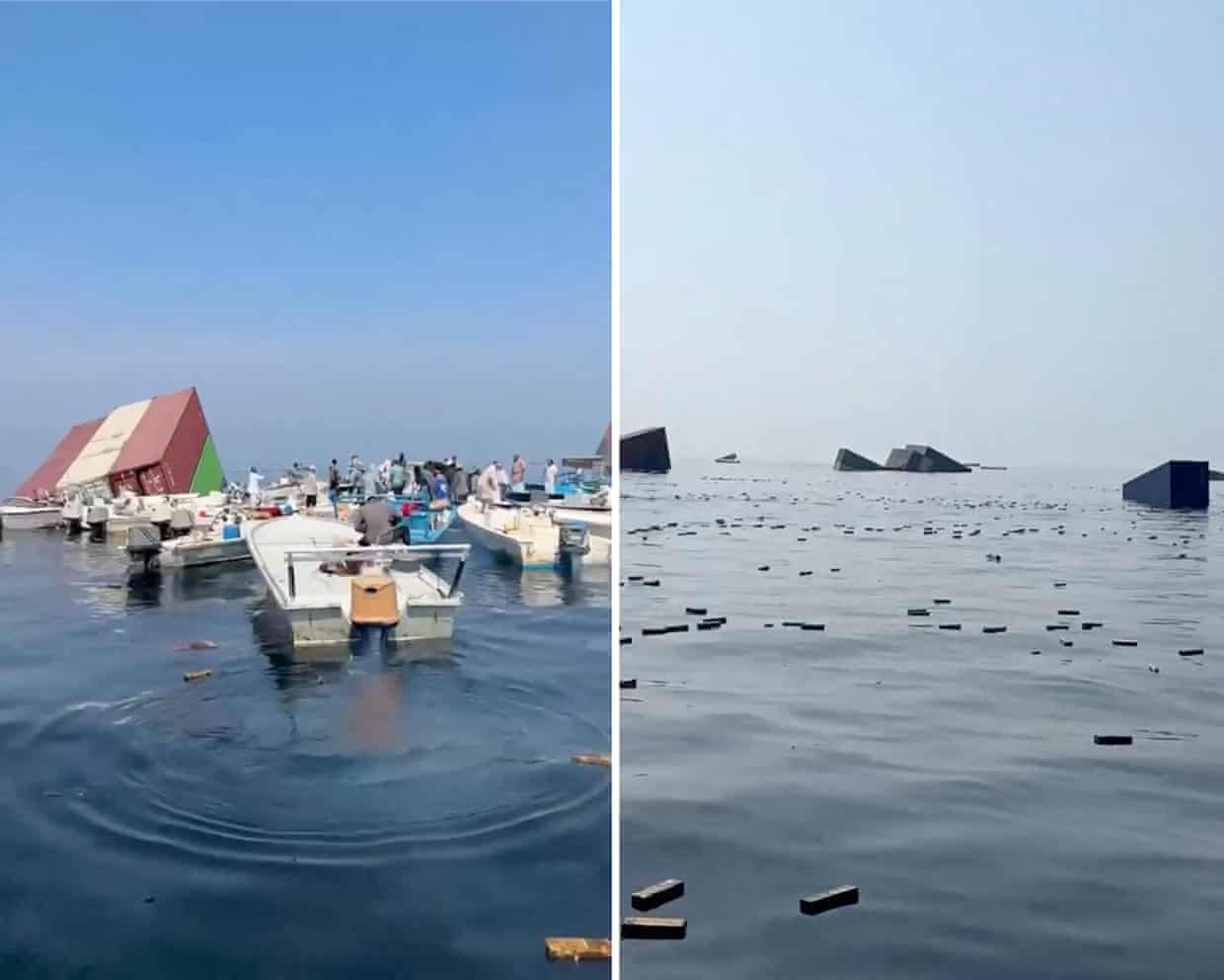 Capsized boats and sunken containers float amid debris after a cargo ship sank off Oman