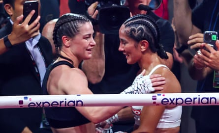 Katie Taylor, left, and Amanda Serrano embrace after Friday’s fight.