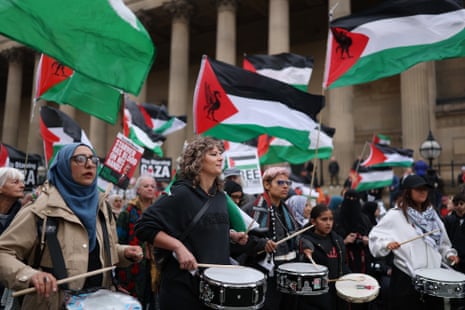 Pro Palestine protestors attend a demonstration coinciding with the start of the Labour Party Annual Conference, on September 27, 2025 in Liverpool, England.