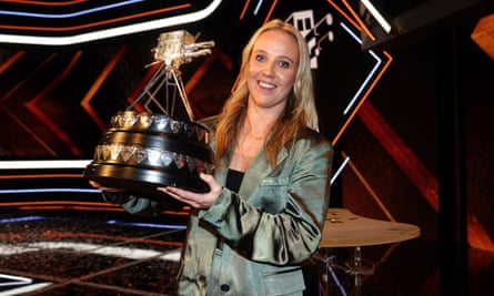 England women’s footballer Beth Mead poses with her 2022 BBC Sports Personality of the Year award