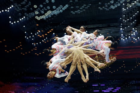 A multiple exposure showing Ondine Achampong on the vault during qualifications at the World Artistic Gymnastics Championships.