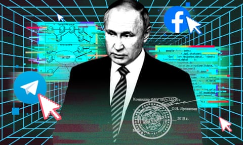Illustration including images of Vladimir Putin, leaked documents and social media logos