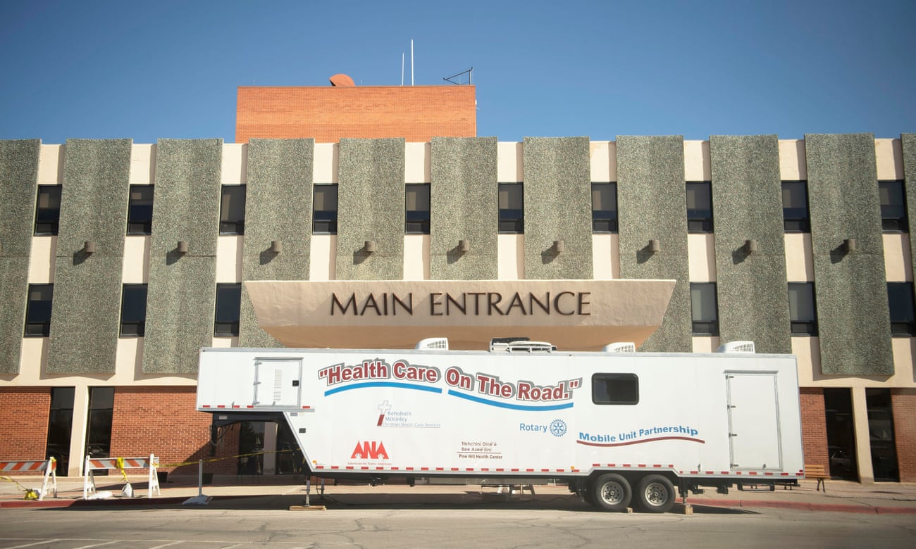 A mobile coronavirus testing unit in frot of the main entrance of Rehoboth McKinley Christian hospital.