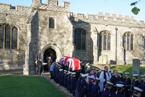 Pallbearers carrying the coffin of Sir David Amess out of St Mary’s church in Prittlewell, Southend, following his funeral service