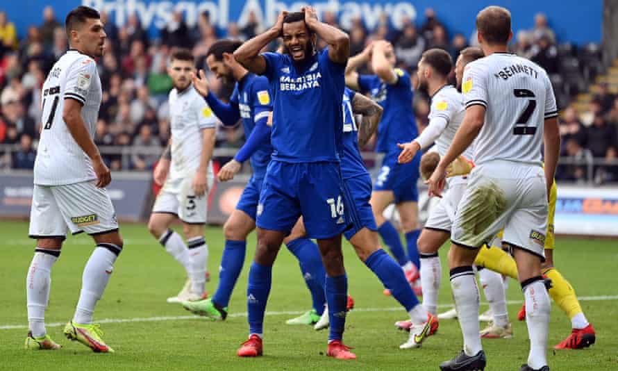 Curtis Nelson reacts after a missed Cardiff chance during the defeat at Swansea