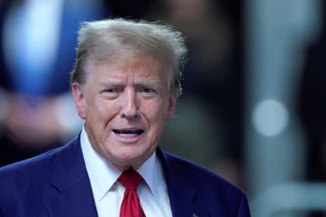 Donald Trump speaks to members of the media, as his criminal trial over charges that he falsified business records to conceal money paid to silence porn star Stormy Daniels in 2016 continues, at Manhattan state court in New York City.