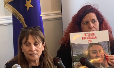 Mazy Zafrani left, and Sharon Kalderon right – relatives to two Israeli hostages make appeal for help from ministers in Brussels.