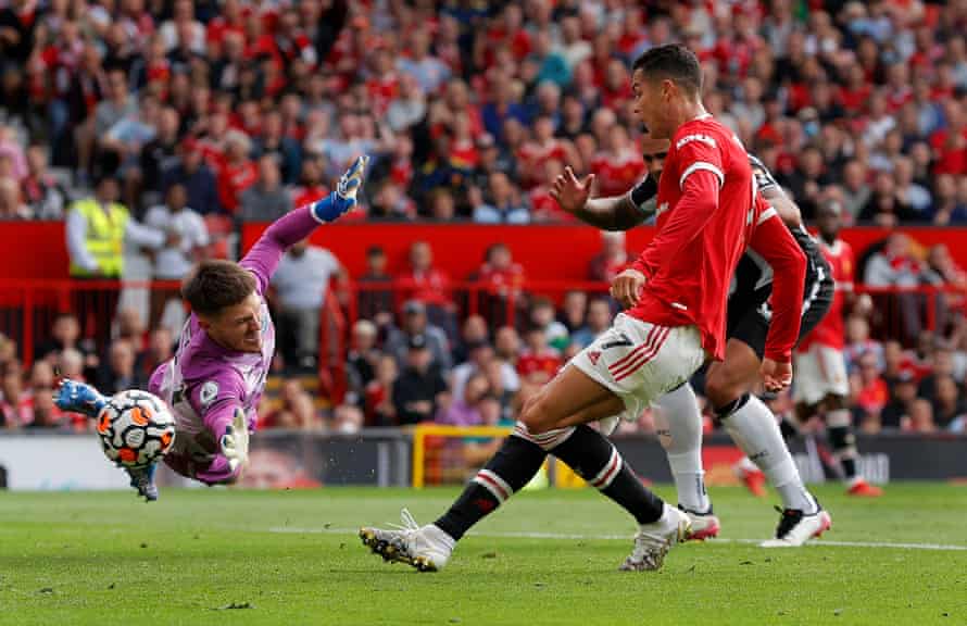 Cristiano Ronaldo scores the first goal for Manchester United, his first goal since returning to the club and twelve years since his last goal for the club, during the Premier League match between Manchester United and Newcastle United at Old Trafford on September 11th 2021.