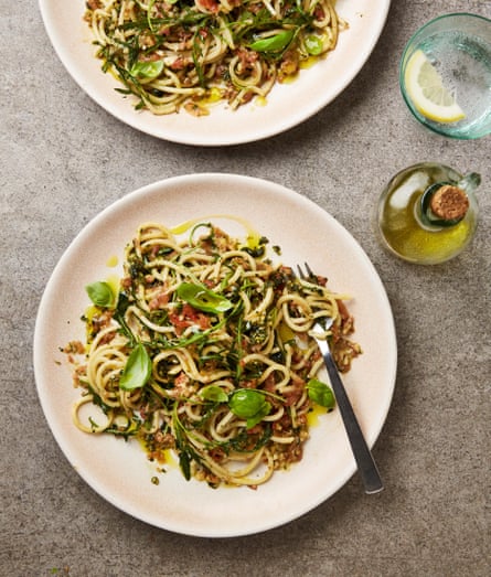 Meera Sodha’s spaghetti with roast almond and tomato pesto.