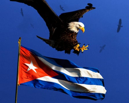 An eagle swoops over a Cuban flag.