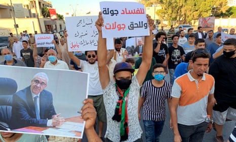 Libyan demonstrators shout slogans in support of the suspended interior minister, Fathi Bashagha, in Misrata.