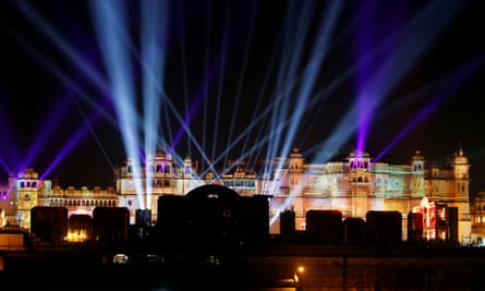 A view of the illuminated City Palace, one of the venues for the pre-wedding celebrations of Isha Ambani, daughter of the Chairman of Reliance Industri