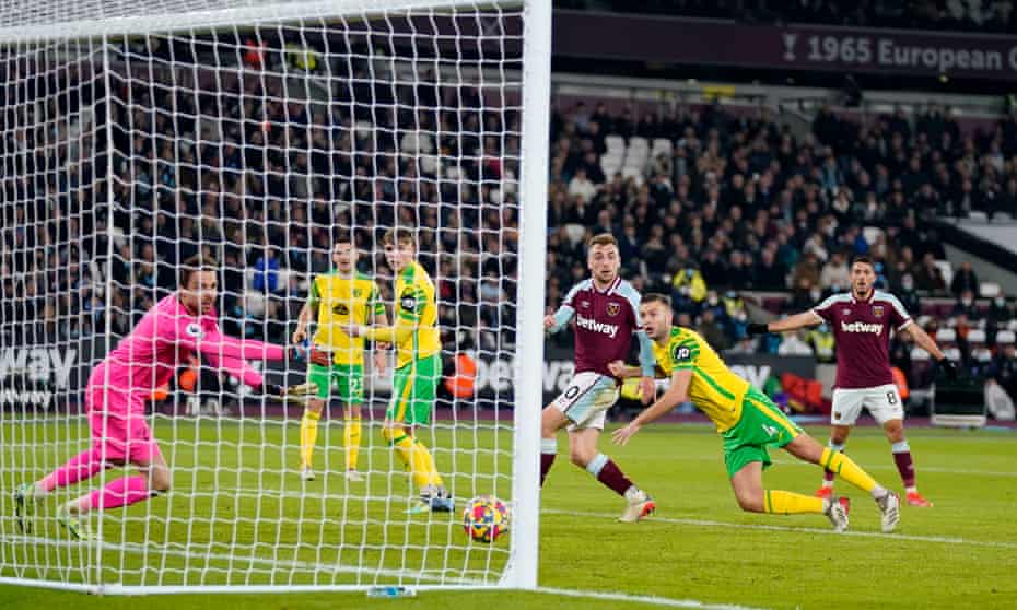 Jarrod Bowen (third from right) scores the opening goal in West Ham’s 2-0 win against Norwich.