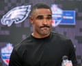 Philadelphia Eagles quarterback Jalen Hurts speaks to reporters after last Sunday’s game against the Jacksonville Jaguars in London.