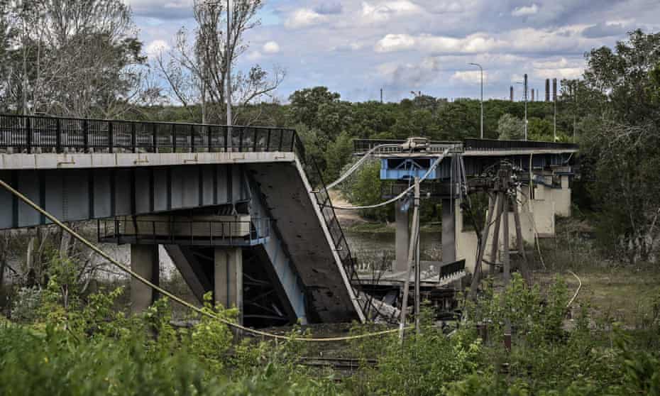 A destroyed bridge connecting the twin cities of Severodonetsk and Lysychansk in Luhansk, Ukraine