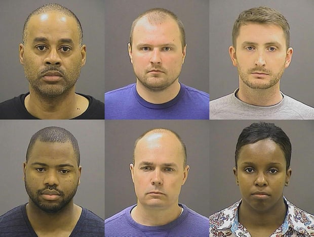 Photo provided by the Baltimore police department shows, top row from left, Caesar R Goodson Jr, Garrett E Miller and Edward M Nero, and bottom row from left, William G Porter, Brian W Rice and Alicia D White.
