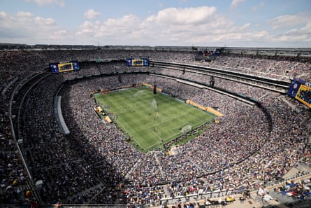 An aerial view of MetLife Stadium during a soccer match.