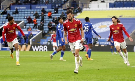 Bruno Fernandes (centre) celebrates after scoring for Manchester United at Leicester on Boxing Day.