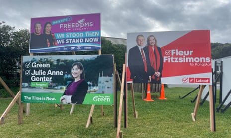 Election signs for Freedoms NZ, the Green party and Labour ahead of the election on 14 October.