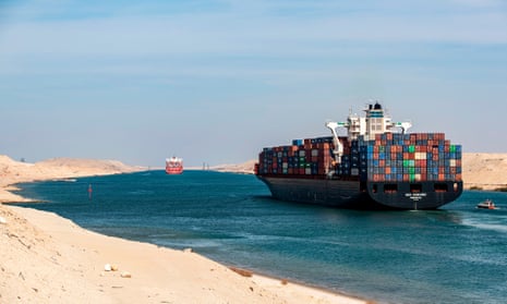 A ship passing through the Suez canal.