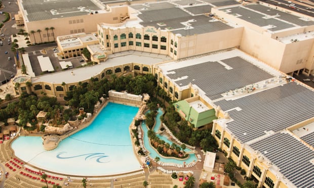 Solar panels on the roof of the Mandalay Bay convention center. Three of Nevada’s largest casino companies have announced renewable energy plans.