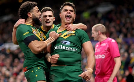 Latrell Mitchell celebrates after scoring a try for Australia against Samoa at Old Trafford