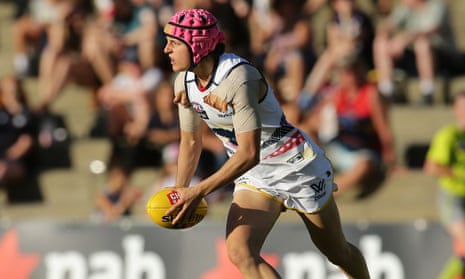 Heather Anderson sports her distinctive pink helmet during an Adelaide Crows’ game in 2017.