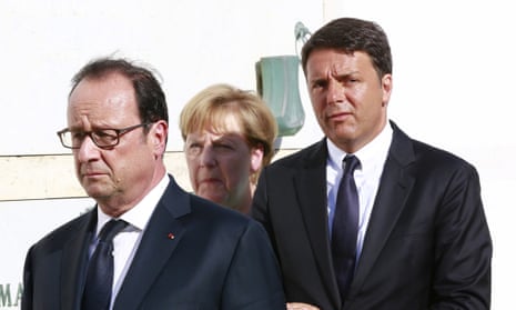 François Hollande, Angela Merkel and Matteo Renzi at their meeting in Italy