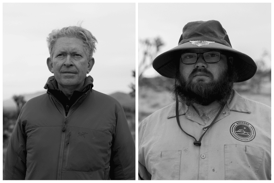 A man with white hair in a jacket, a bearded man man in a safari hat