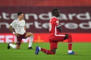 Liverpool’s Sadio Mane kneels in support of Black Lives Matter.