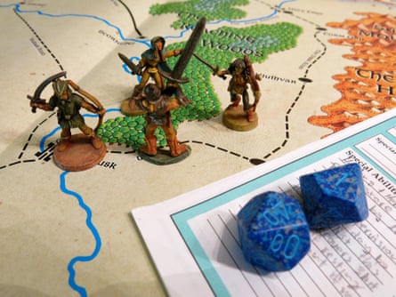 Figurines, maps and dice used as part of Dungeons & Dragons