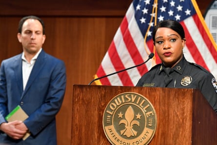 Louisville police chief Jacquelyn Gwinn-Villaroel, right, and mayor Craig Greenberg look on at a news conference on Thursday announcing the police officer who arrested Scottie Scheffler outside the US PGA Championship is receiving ‘corrective action’ for failing to have his body-worn camera activated.