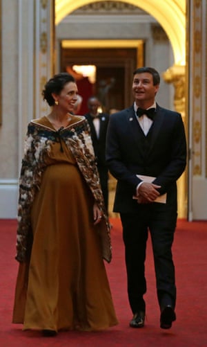 Ardern and Gayford arriving at Buckingham Palace for the Commonwealth Heads of Government dinner.