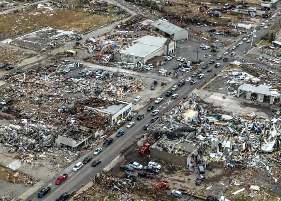 Widespread destruction of homes and businesses after tornadoes moved through the area leaving destruction and death across six states, in Mayfield, Kentucky.