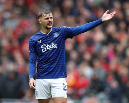 Kiernan Dewsbury-Hall gestures after being booked for taking a free kick too quickly.