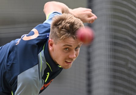 Cameron Green bowls during an Australia cricket squad training convention astatine Perth Stadium.