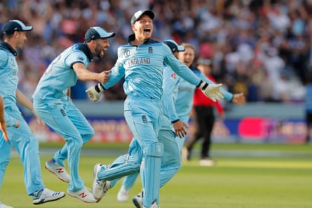 Jos Buttler begins the England celebrations after running out New Zealand’s Martin Guptill off the last ball of the super over to win the World Cup in 2019